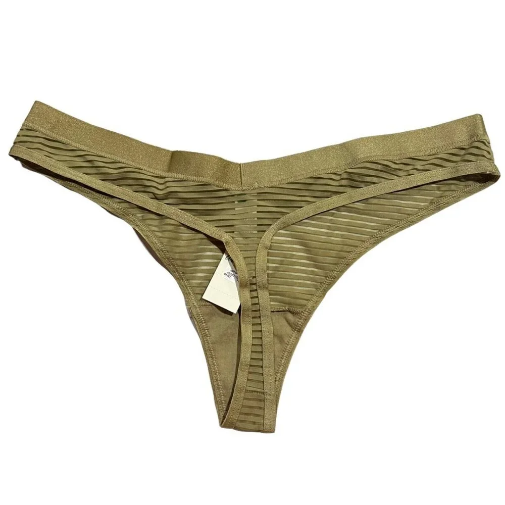 NWT AERIE High Cut Thong Sz M Olive Green Sheer Stripe